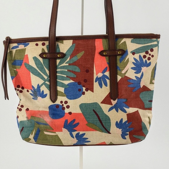 Fossil Canvas Tote Tan Floral Leaf Print Zip Top Medium Textile Shoulder Bag - Picture 6 of 16